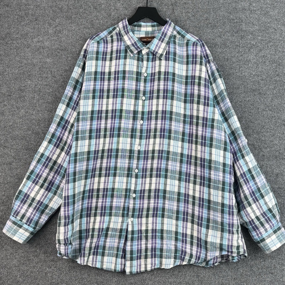Oak Hill Button Up Shirt Mens 3XL Blue Plaid Linen 100% Vacation Long Sleeve
